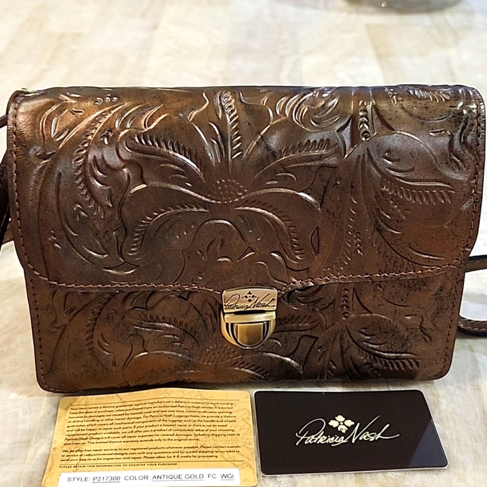 Patricia Nash Bronze Brown Tooled Crossbody NWOT - Picture 2 of 15